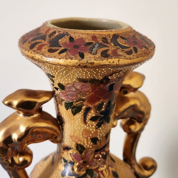 VINTAGE ROYAL SATSUMA VASE, DOUBLE HANDLE, HAND PAINTED, JAPANESE - Picture 9 of 9